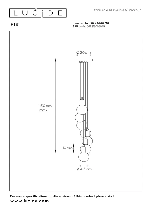 Lucide FIX - Hanglamp - 7xE27 - Zwart - technisch